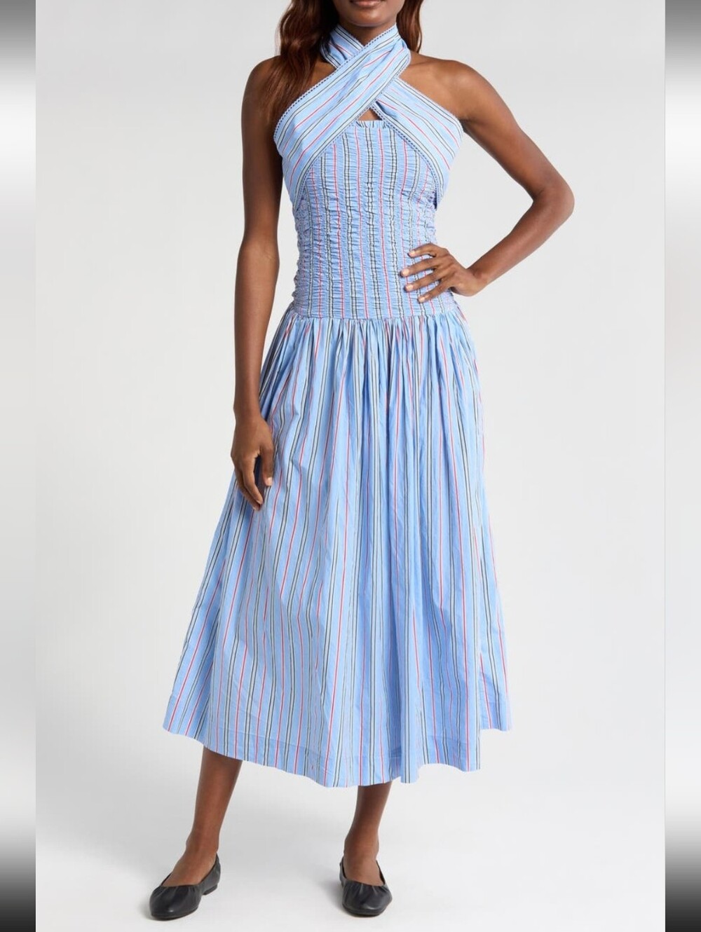 Damson Madder Mia Tie Neck Strapless Midi Dress Blue Stripe